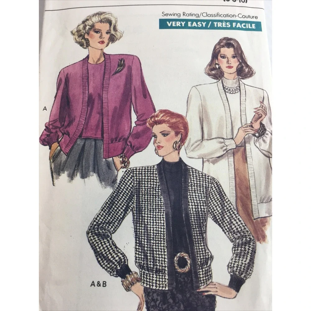 1988 Vogue 7362 VTG Sewing Pattern Womens Cardigan Sweater Top 6 8 10 Uncut